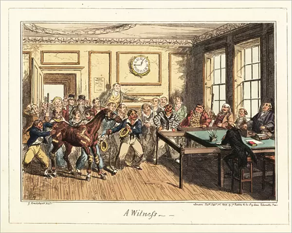 A sailor brings a lame horse into court as evidence, Napoleonic, 1835 (lithograph)