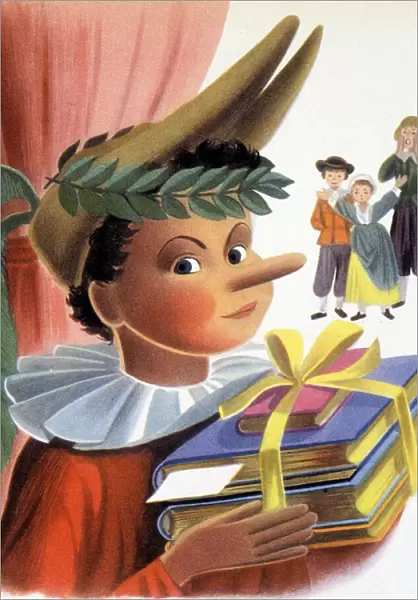 Pinocchio et ses rewards scolaires - in 'Pinocchio', illustrated by Simonne Baudoin, ed. CastermanAttention: RIGHTS RESERVES