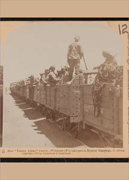 British soldiers aboard railway wagons, 1900 circa (b  /  w photo)