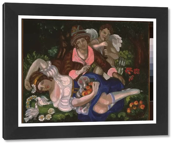 Scene allegorique. (Un couple d amoureux, entoure d un couple de colombe et de Cupidon jouant de la musique). Peinture de Sergei Yurievich Sudeykin (Serge Soudeikine) (1882-1946), huile sur toile, vers 1910