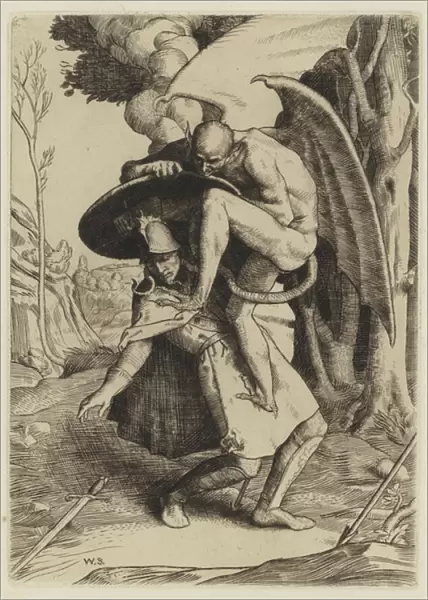 Bunyans Pilgrims Progress: Christian fights Apollyon (etching)