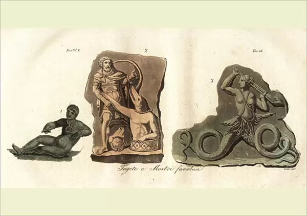 Etruscan bronze statue of Tages as a noble boy with bracelets on his arms and legs 1, and bas-relief of the monster Volta with the muzzle of a dog emerging from a tomb 2, and monstrous mermaid with torch