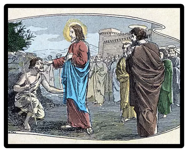Healing of a blind man in Jericho in All religious eignement - I believe in gods, sd. late 19th century illustration of Jouvenot. Catechisms library. Paris. Leemage Collection