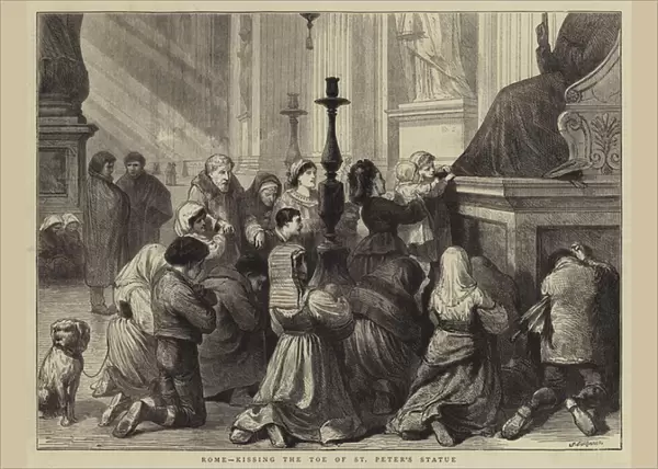 Rome, kissing the Toe of St Peters Statue (engraving)