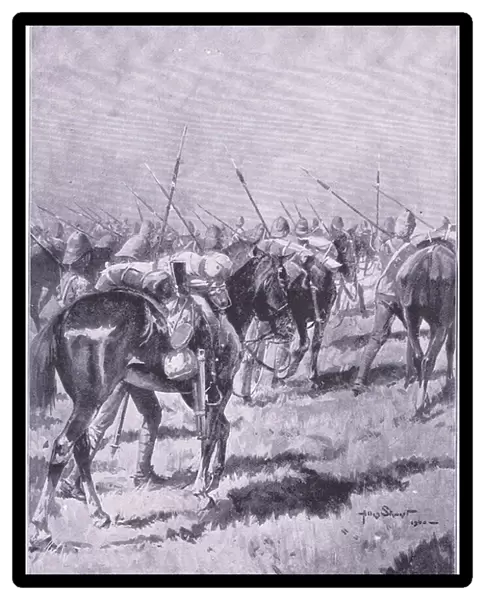 How the Lancers saved their horses by marching dismounted, illustration from After Pretoria: The Guerilla War, 1902 (litho)
