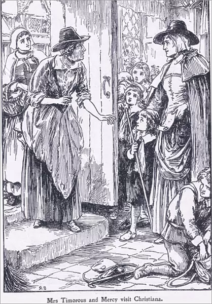 Mrs Timorous and Mercy visit Chritiana, from The Pilgrims Progress published by John F Shaw & Co, c. 1900s (litho)