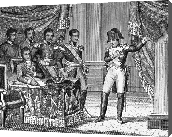 Napoleon I abdicating on the 22nd June 1815 and declaring his son Napoleon II as Emperor (engraving)