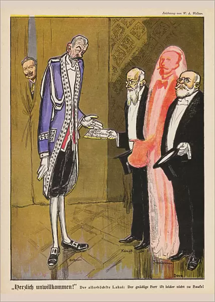 German Chancellor Theobald von Bethmann Hollweg denying political leaders access to Kaiser Wilhelm II (colour litho)
