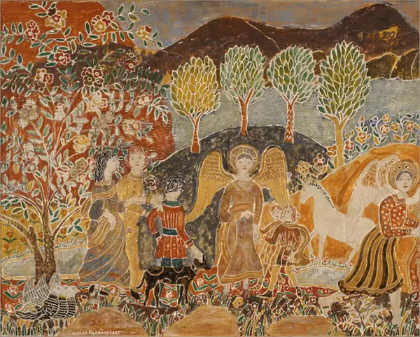 Angels in a Landscape (mixed media on panel)