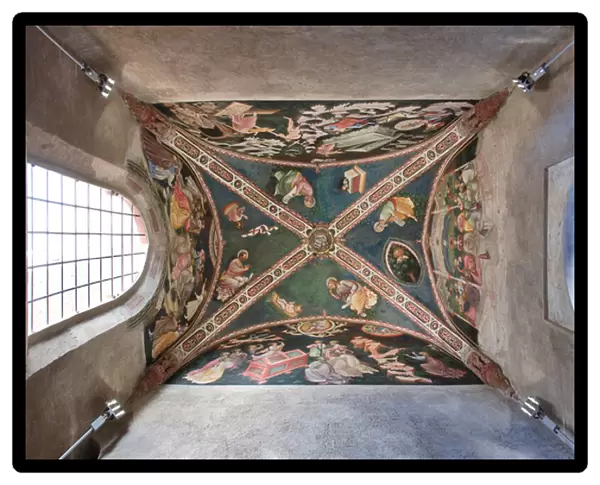 View of the vault with fresco representing the four Evangelists, the three faced Trinity and the Tree of Life, the Mystical Lamb, the blessing Infant Jesus in the manger and the Resurrected Christ, The Contrari Chapel, Vignola Stronghold, c