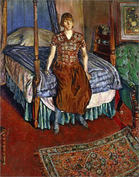 Portrait of Iris Tree Seated on a Four Poster Bed, (oil on canvas)