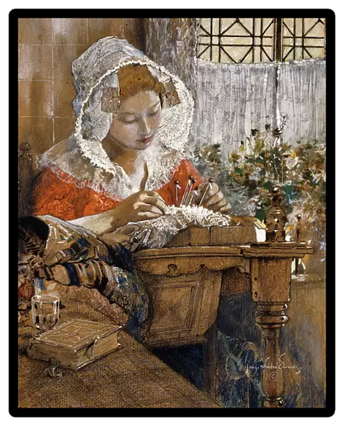 The Flemish Lacemaker, c. 1925 (gouache, pastel and pencil on brown paper)