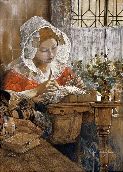 The Flemish Lacemaker, c. 1925 (gouache, pastel and pencil on brown paper)