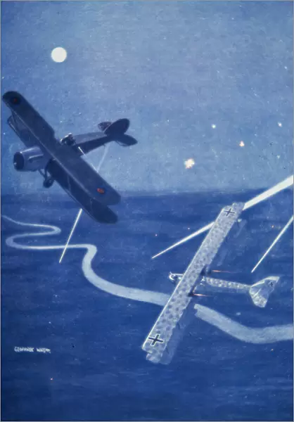 Bristol fighter attacks German Gotha bomber over London by night (colour litho)