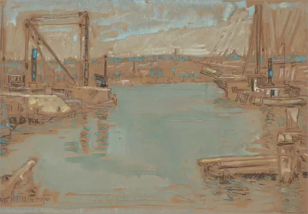 North River Dock, New York, 1901 (charcoal and gouache on paper)