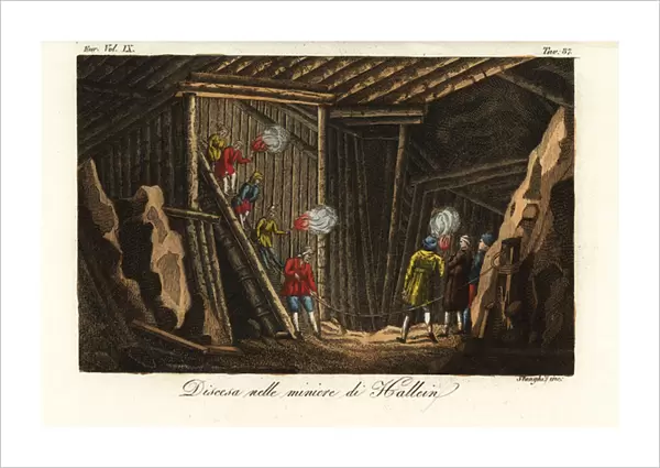 Descent into the Hallein Salt Mine, Austria, 18th century (handcoloured copperplate engraving)