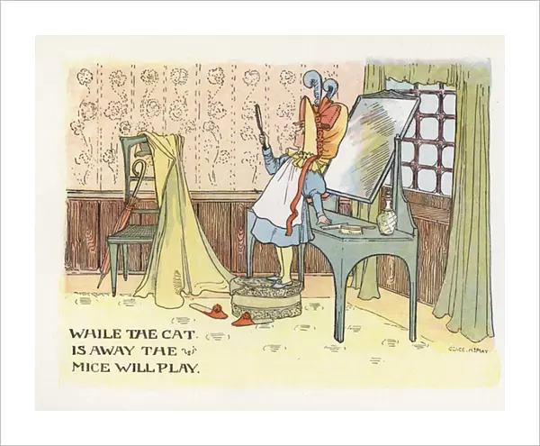 Proverbs Improved: While The Cat Is Away The Mice Will Play (colour litho)