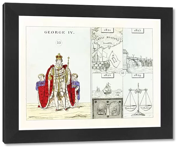 Portrait of King George IV of England, in ceremonial robes, ermine mantle, with crown, orb and sceptre, cape held by two pages