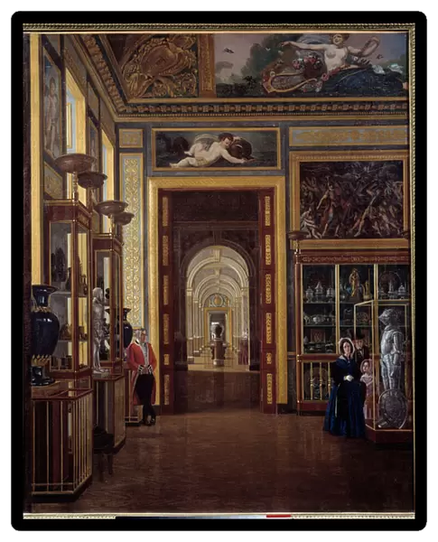 La salle des bijoux au Louvre et enfilade des salles Charles X. Painting by Joseph Auguste (19th Century), 1835. Oil on canvas. Dim: 1. 00 x 0. 80m. - The jewelry Room of the Louvre and Charles Xs adjoining rooms