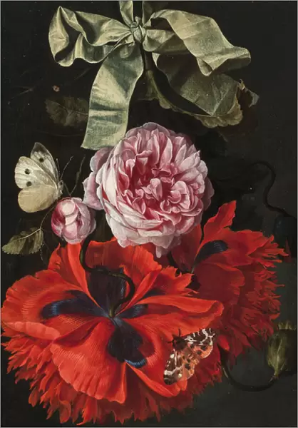 Roses and carnations hanging from a green ribbon with a moth and a butterfly (oil on panel)
