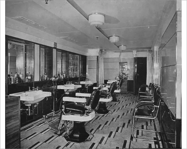 RMS Queen Mary: Barbers shop (b  /  w photo)
