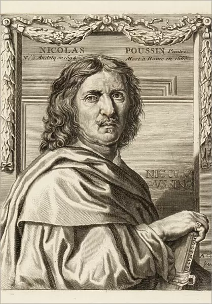 Portrait of Nicolas Poussin, leading painter of the classical French Baroque style, 1594-1665 He holds a book with De