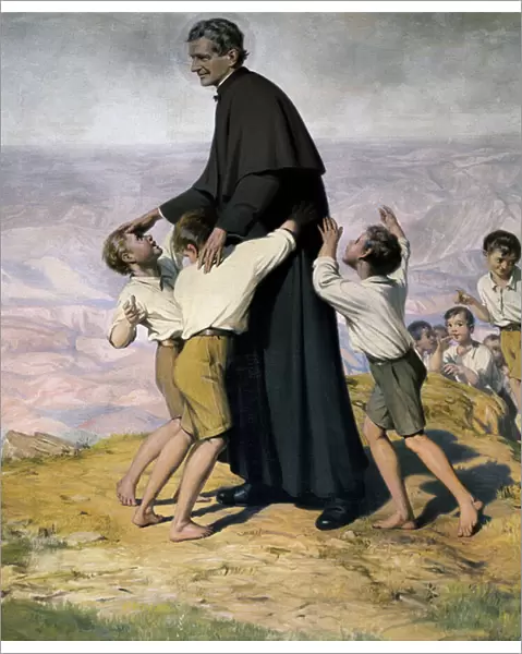 Saint John Bosco (Don Bosco, 1815-1888) Italian priest was given to the education of disadvantaged children, founder of the Congregation of Salesians (Societe de Saint Francois de Sales). Detail. Painting by Ramon Bofarull (19th century)
