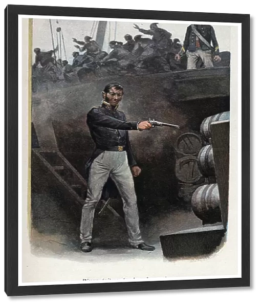 Hyppolite Magloire Bisson, lieutenant of the ship, blew up the 'Lamprey'during the Greek War of Independence, rather than surrender (6 Nov. 1827). Colour board from the watercolour of Alfred Paris, 1895