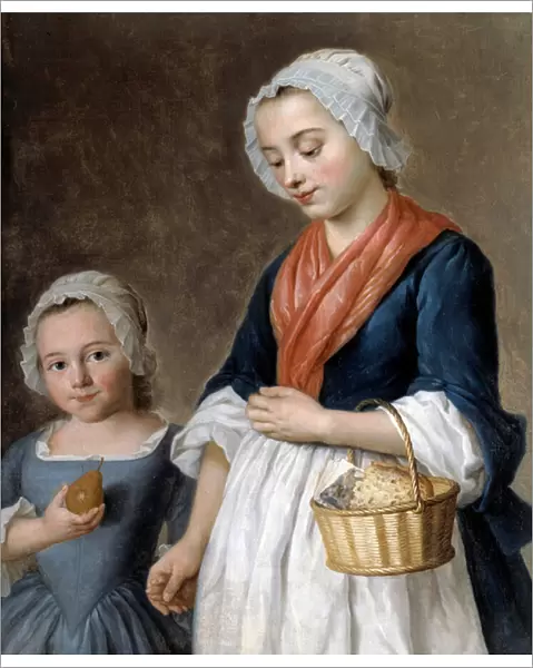 Little girl driving in class A mother holding her little daughters taste in a basket. Detail of a painting by Gabriel Gresly (1712-1756), 18th century. Besancon, Museum of Fine Arts