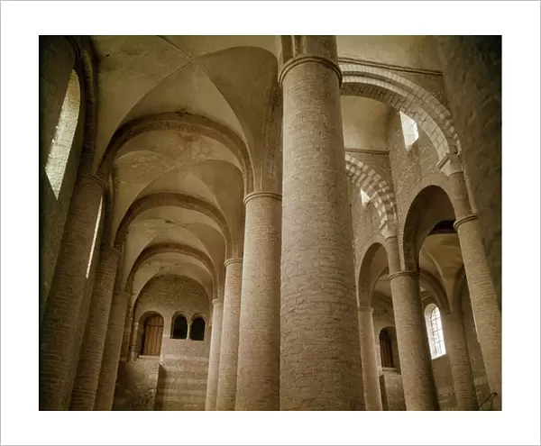 Romanesque art: view of the nave of the Cathedrale Saint Philibert de Tournus made at the end of the 10th century. Abbey of Tournus (Saone and Loire)