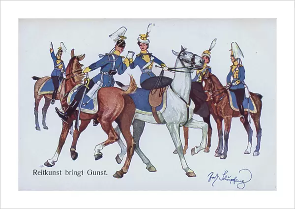 Horsemanship brings favour, German humorous military postcard (colour litho)