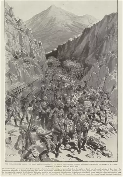The Indian Frontier Rising, the Saran Sar Reconnaissance, the Men of the Northamptonshire Regiment attacked by the Enemy in a Nullah (litho)