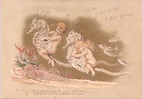 A Victorian Christmas card of two water babies riding a seahorse with sea anemones and a shoal of fish, by Gertude Thompson, c. 1895 (colour litho)