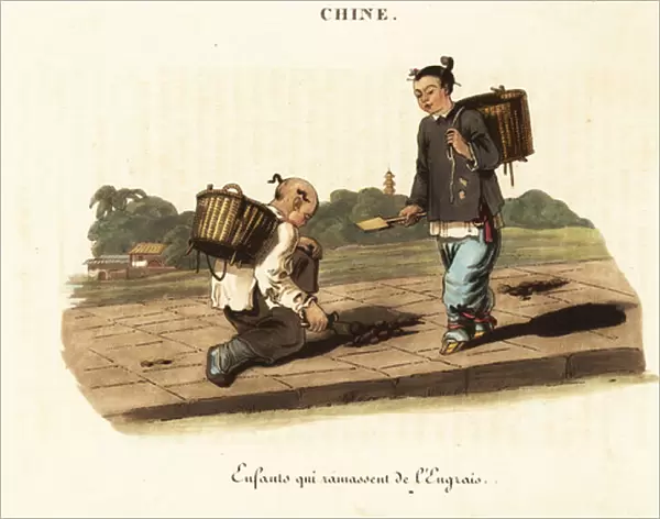 Chinese children collecting horse manure, 18th century. 1822 (engraving)
