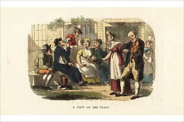 Drinkers and fiddler outside a village tavern, Georgian era. 1831 (engraving)