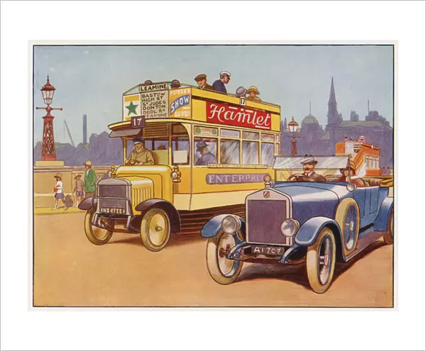 Motor bus and motor car (colour litho)