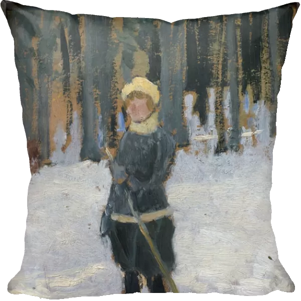 Woman skiing in the forest. Artwork by Karel Spillar (1871-1939), oil on cardboard, 1920. Czech Art 20th century. Veletrzni Palace (Fairs Palace), Prague (Czech Republic)