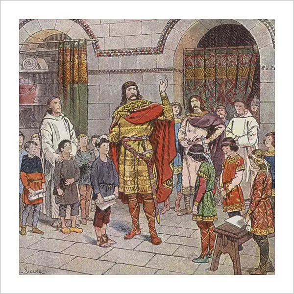 Charlemagne instructing pupils at his palace school (colour litho)