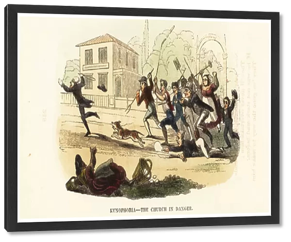 A crowd of armed people chasing a rabid dog through a village. 1831 (engraving)