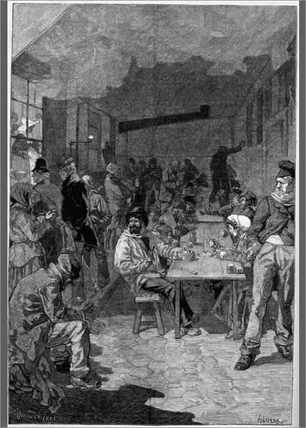 View of the furnace of the Societe philanthropique de la rue de Sevres where the poor of Paris come for a meal, 1882. Engraving by Samuel Urrabieta In 'The Illustrous World'n'1311 of 13 May 1882