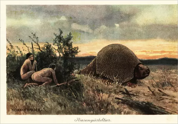 Primitive men with spears hunting a glyptodon. 1908 (illustration)