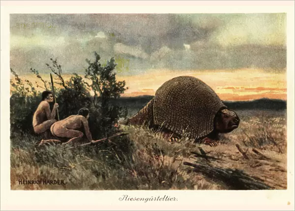 Primitive men with spears hunting a glyptodon. 1908 (illustration)
