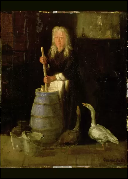 Woman Churning Butter (oil on panel)