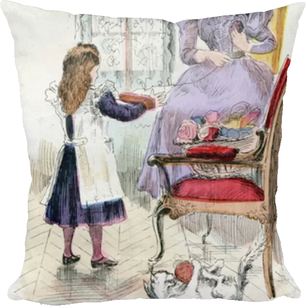 Twinks polish. A girl holds wool for her mother rolling a pelotte while the cat defeats another. 1908 (chromolithograph)