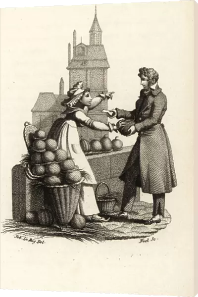 Woman giving a melon to a Marie Antoinettes warder, 1793. 1815 (engraving)