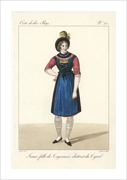 Young girl of Tegernsee, Bavaria, Germany, 19th century. She wears short petticoats and pleated stockings. Handcoloured copperplate engraving by Georges Jacques Gatine after an illustration by Louis Marie Lante from Costumes of Various Countries
