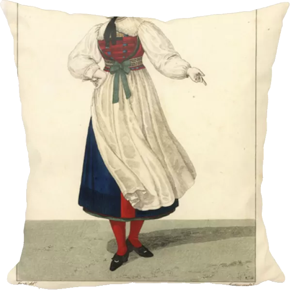 Young woman of the Canton of Aargau, near Baden, Switzerland, 19th century. She wears a toquet in blue, black and white, and a similarly bizarre costume
