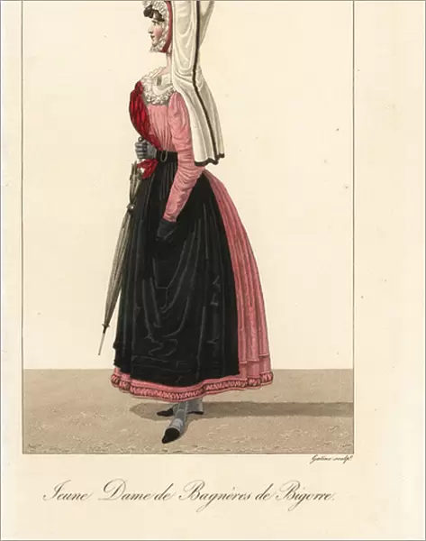 Young lady of Bagneres-de-Bigorre, French Pyrenees, 19th century. She wears the Pyrenean capulet or hood, in fine cashmere lined with velvet, over a fontange bonnet decorated with lace and ribbons