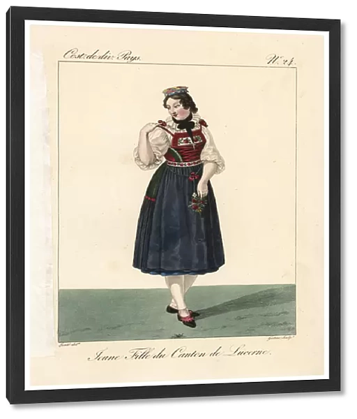 Young woman of the Canton of Lucerne, Switzerland, 19th century. Her dress is notable for the thick troche or bourrelet hat, and her footless stockings