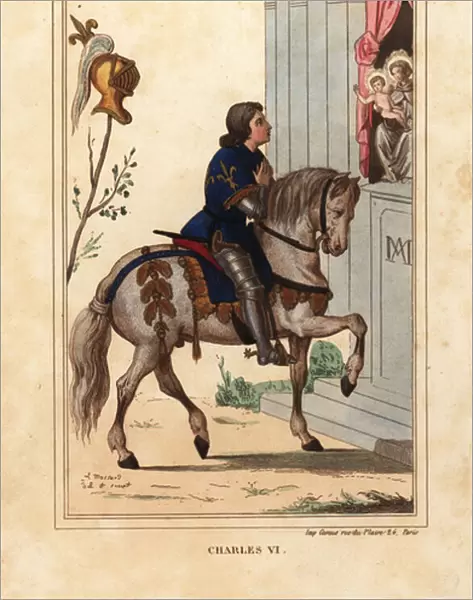 King Charles VI of France, Bien-Aime, 1368-1422. On horseback in suit of armour with coat of arms before a madonna and child. Handcoloured lithograph by Leopold Massard after a fresco in the Carmelite cloisters in Toulouse from Le Bibliophile Jacob
